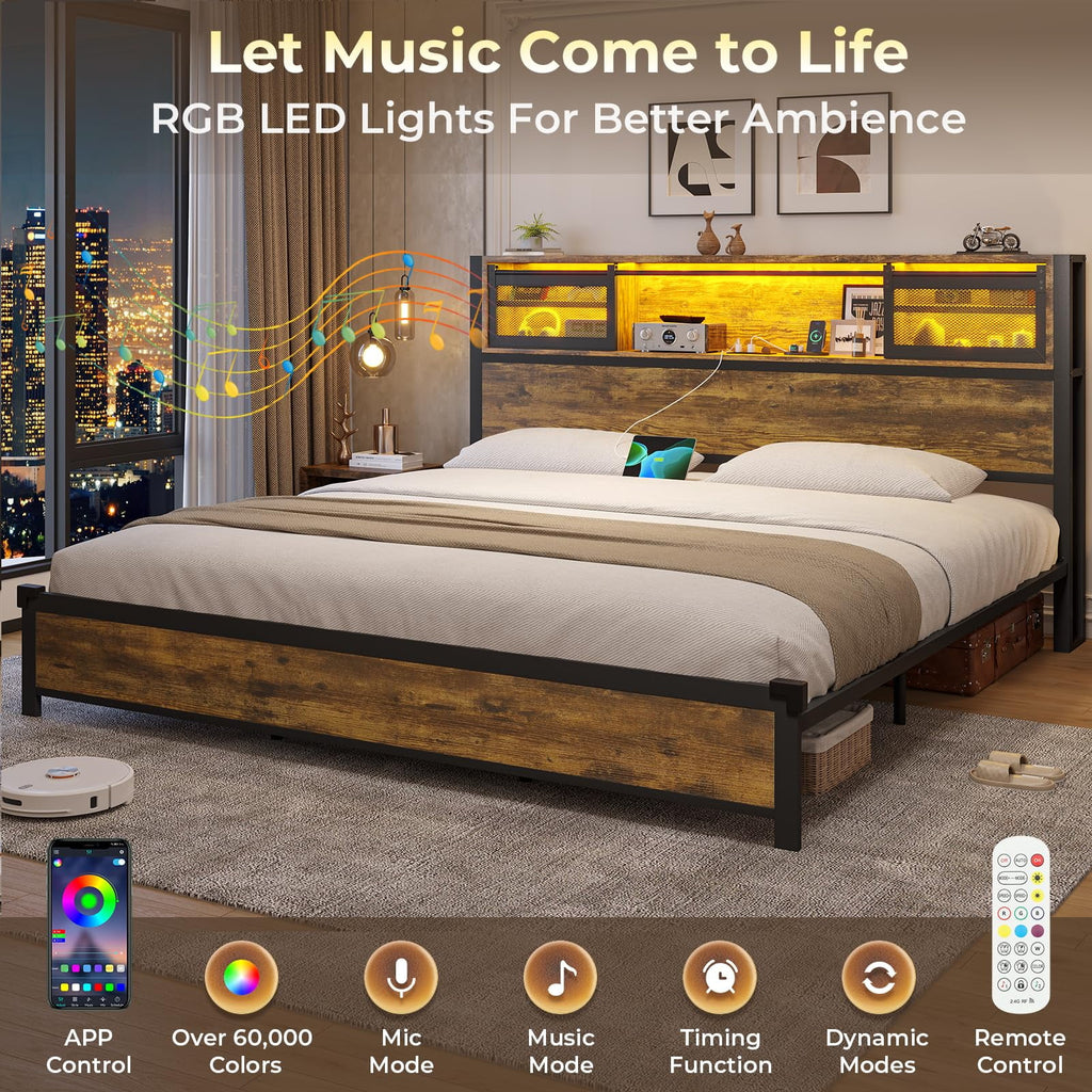 Queen Size Metal Platform Bed Frame with Storage Headboard F664927