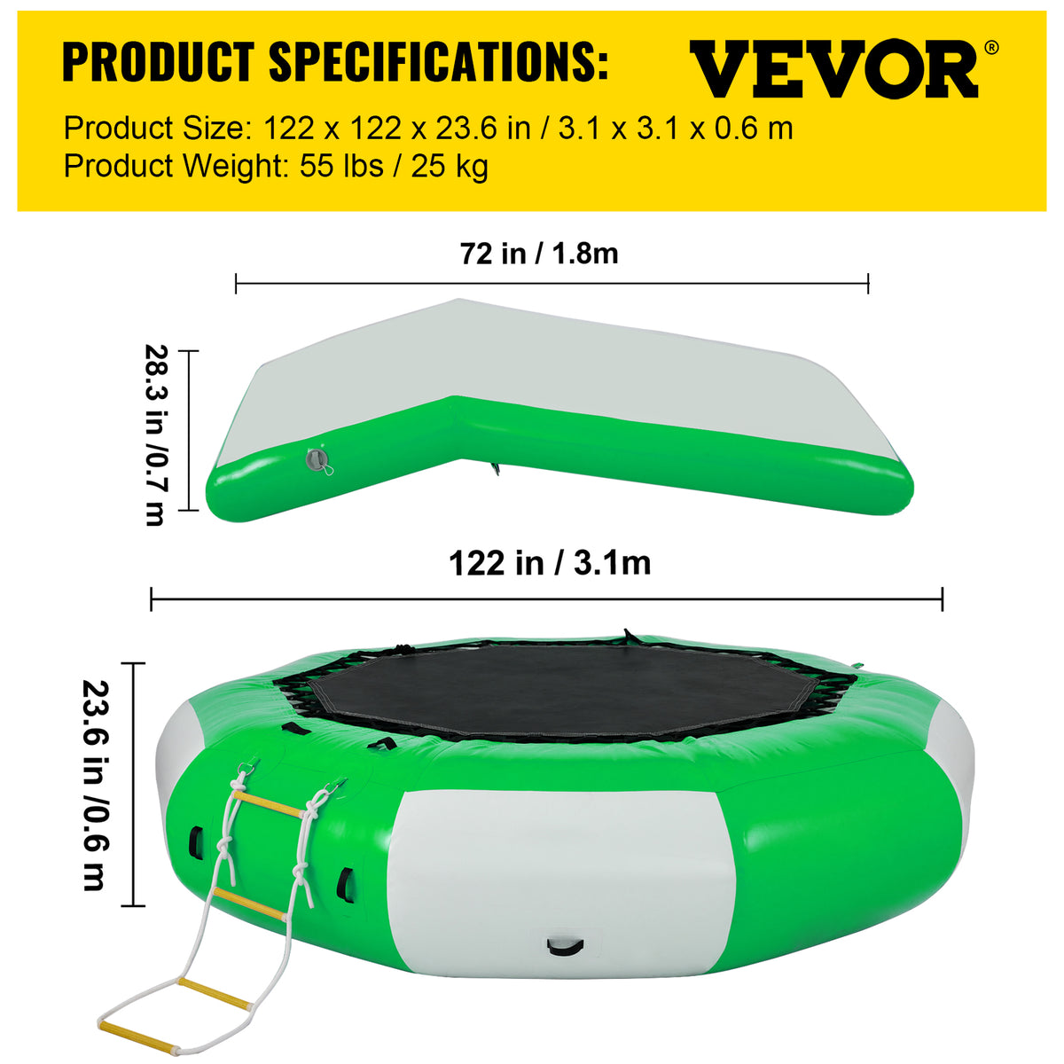 Inflatable Water Trampoline 10ft with Yellow Slide and 4-Step Ladder M6373