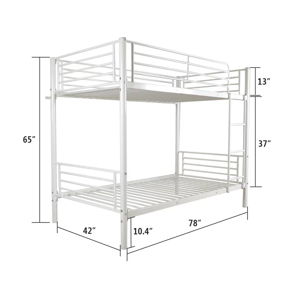 White Metal Twin Over Twin Bunk Bed with Safety Guard Rails & Ladder Q5212