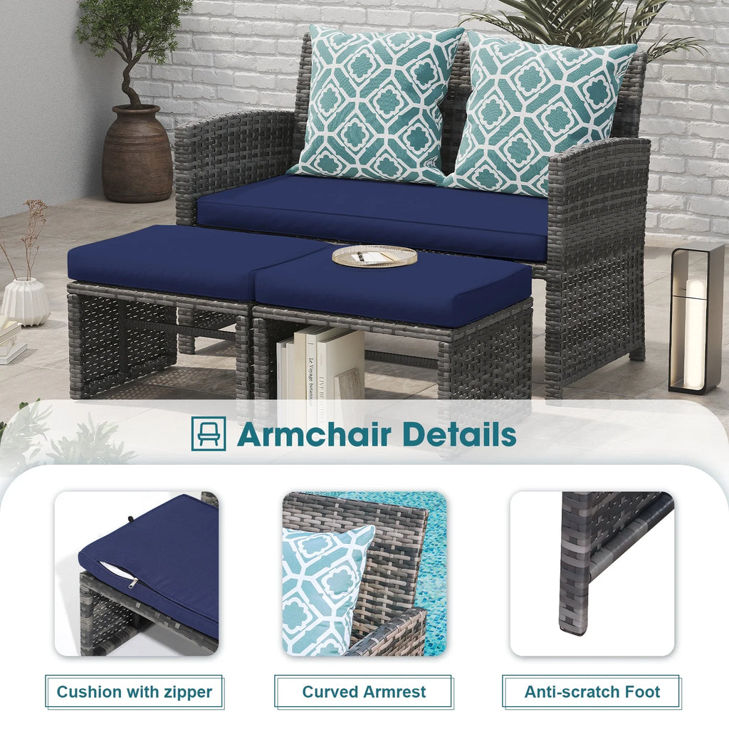 Grey Wicker Outdoor Loveseat with Ottoman and Pillows S747