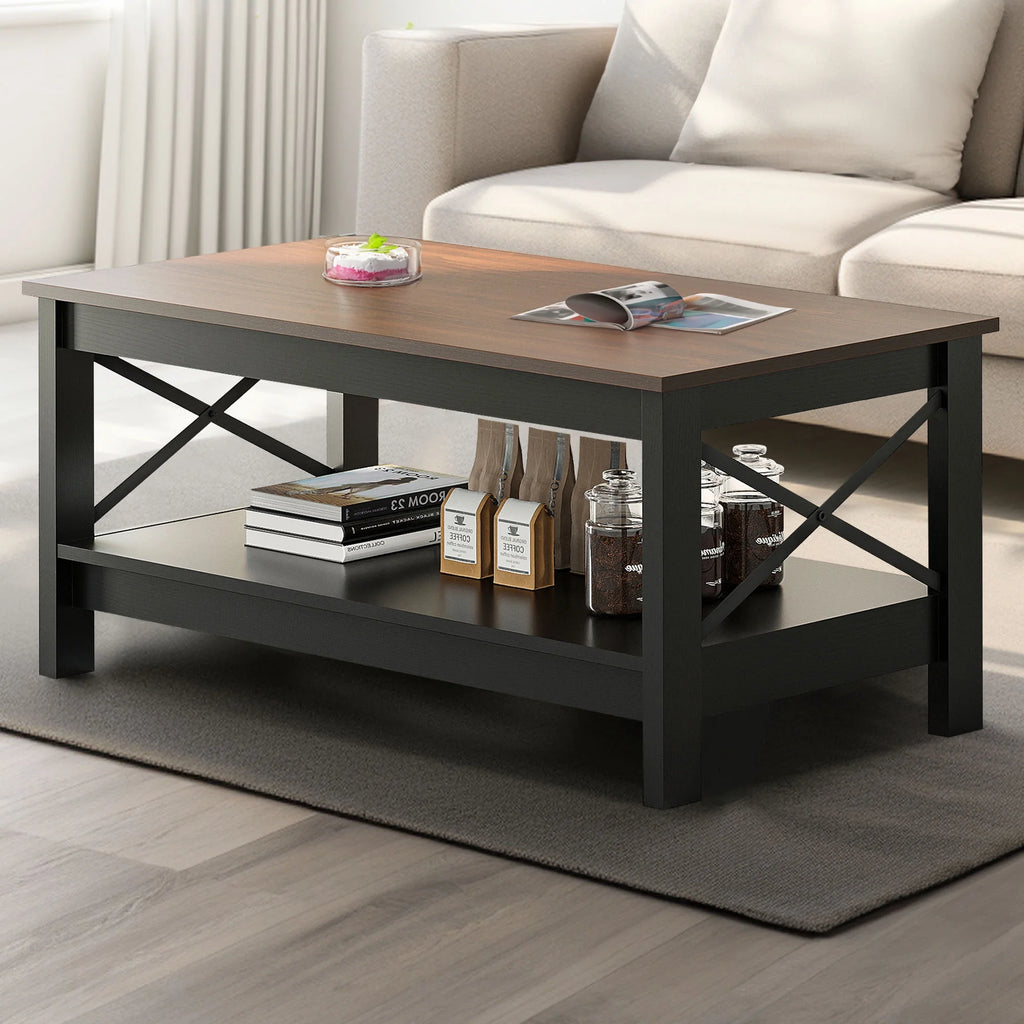 2-Tier Brown Coffee Table with Open Storage Shelf O826240