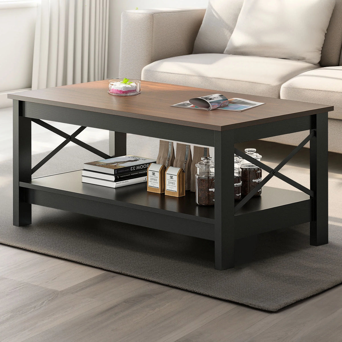 2-Tier Brown Coffee Table with Open Storage Shelf O826240