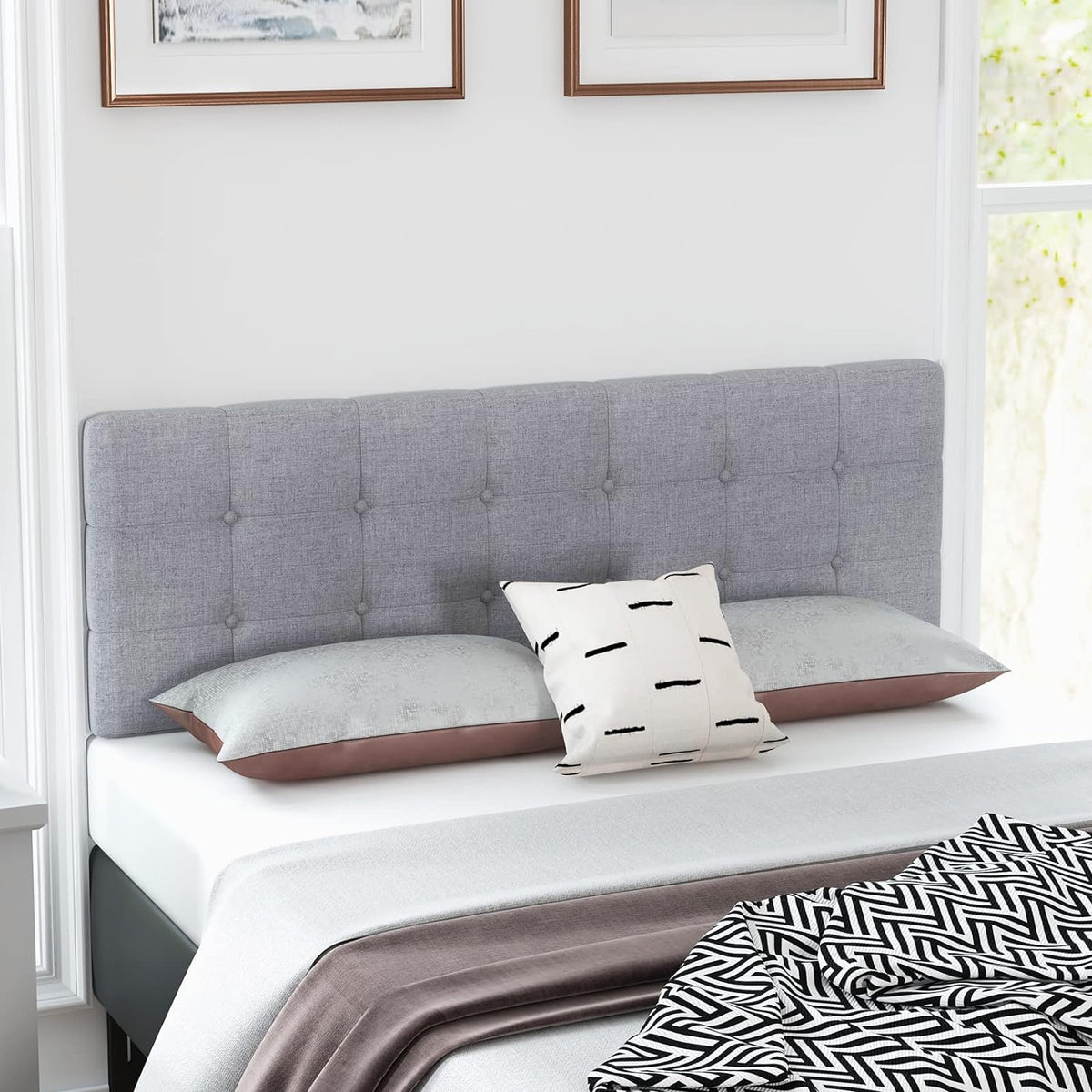 Linen Upholstered Tufted Button Headboard with Rubber Wood Legs, Grey O8888