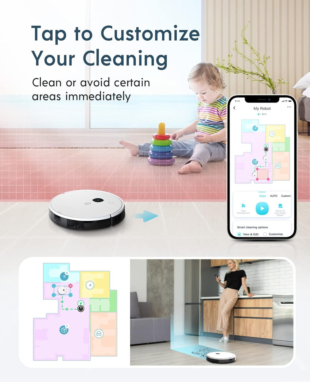 Robot Vacuum and Mop, Self-Emptying, 3000Pa Suction, 200mins Runtime G6968