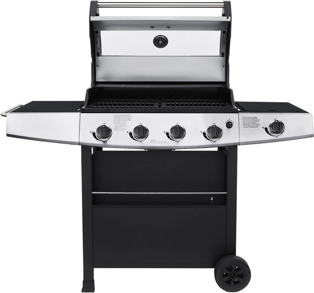 4-Burner Propane Gas Grill with Side Burner, Stainless Steel 60,000 BTU, Black F328386