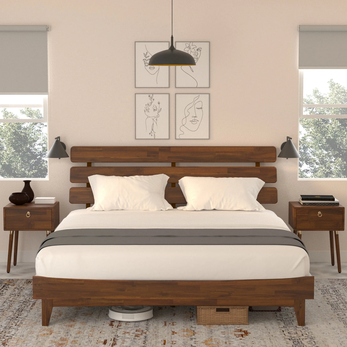 Queen Adjustable Headboard Solid Wood Bed Frame K4573
