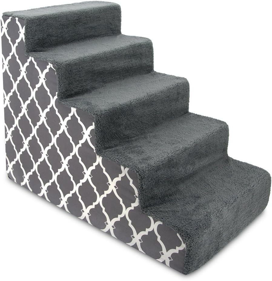 Gray Lattice Print 5-Step Pet Steps and Stairs with Foam, Pack of 2 T64645