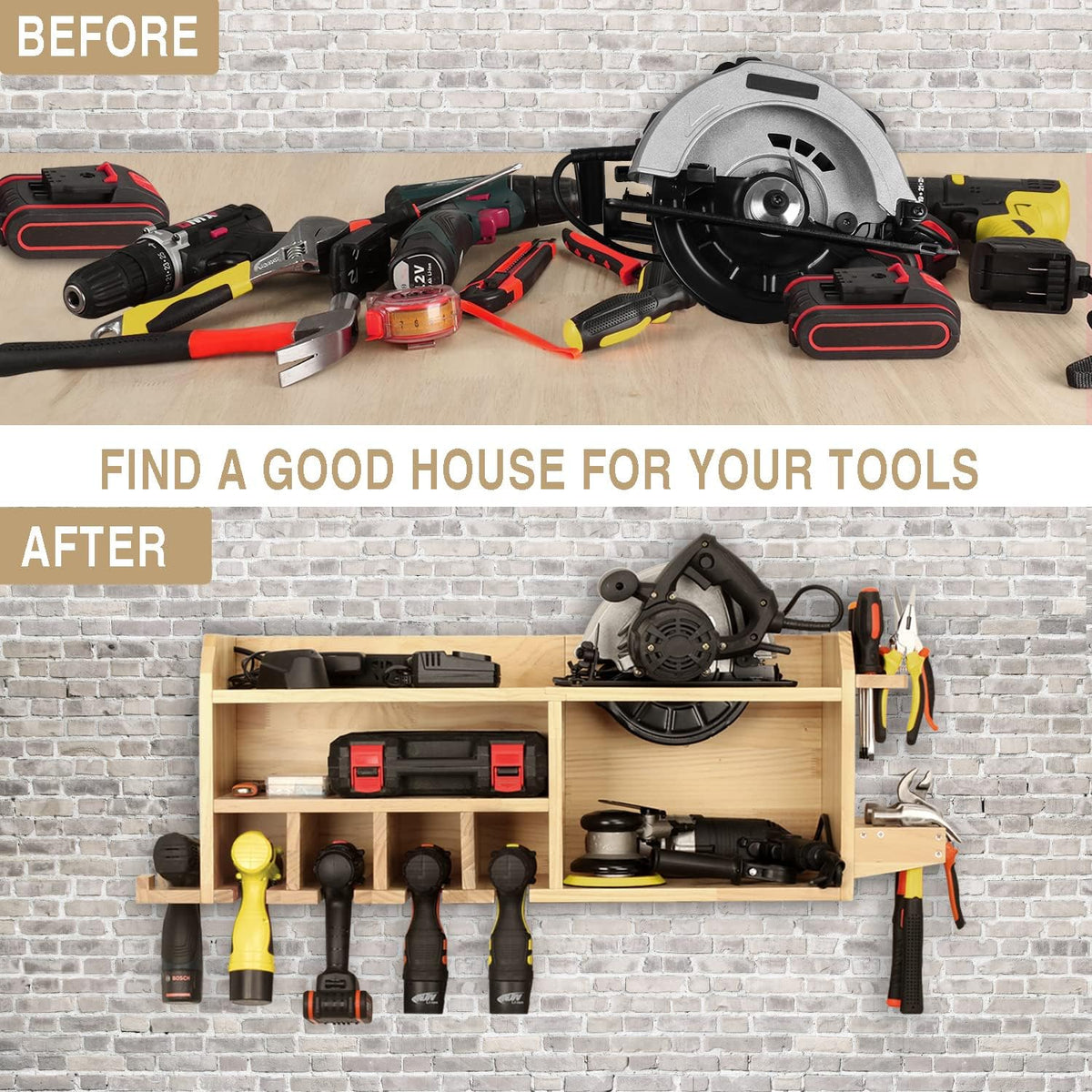 Power Tool Organizer Wall Mount, Drill Holder Storage with 5 Tool Slots S740
