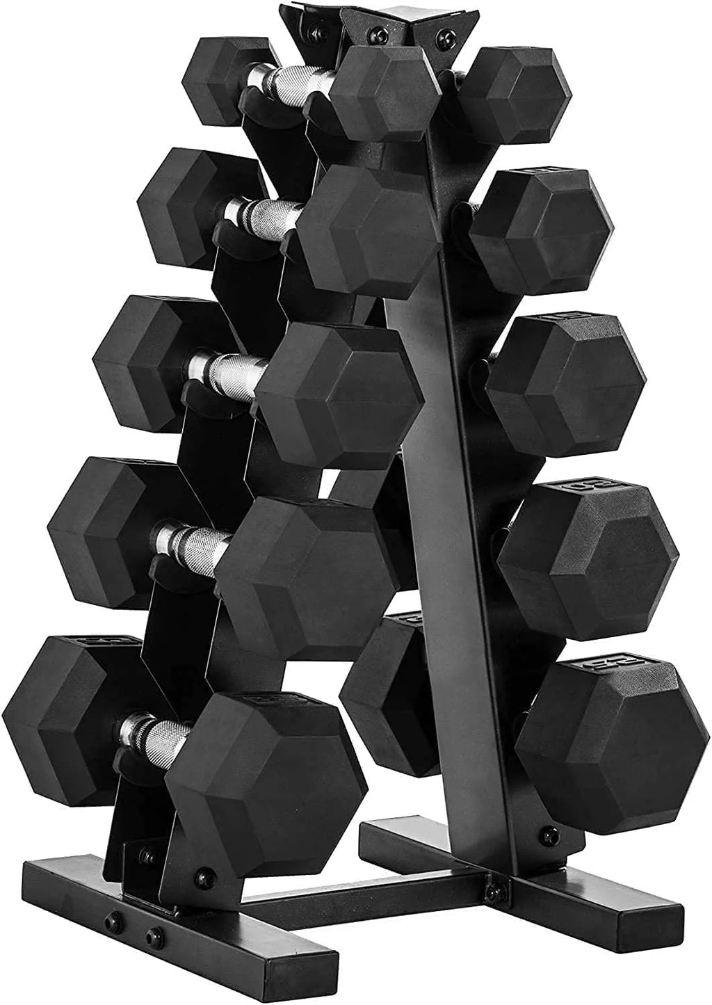 5-25 Lb. Rubber Coated Hex Dumbbell Set with Storage Rack N57976