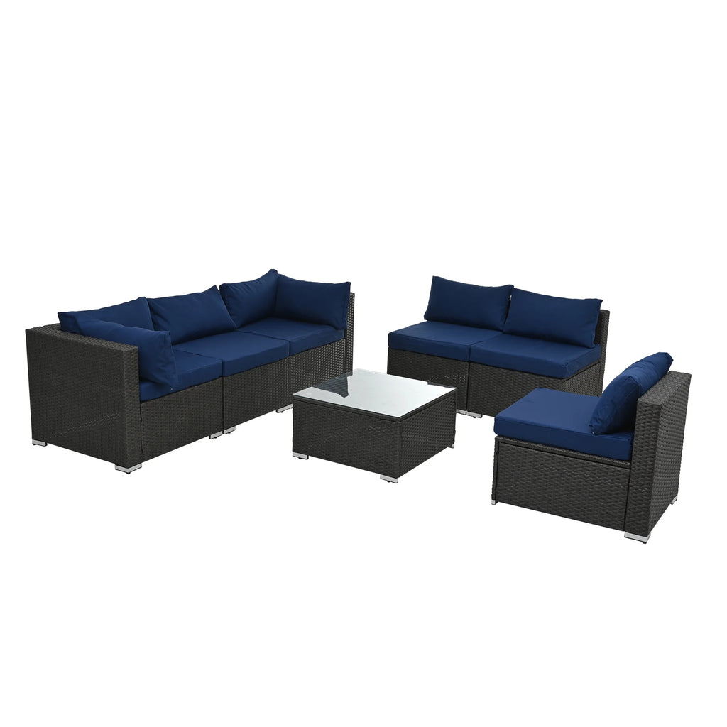 7 Piece PE Rattan Patio Furniture Set with Cushions and Glass Coffee Table Y4333