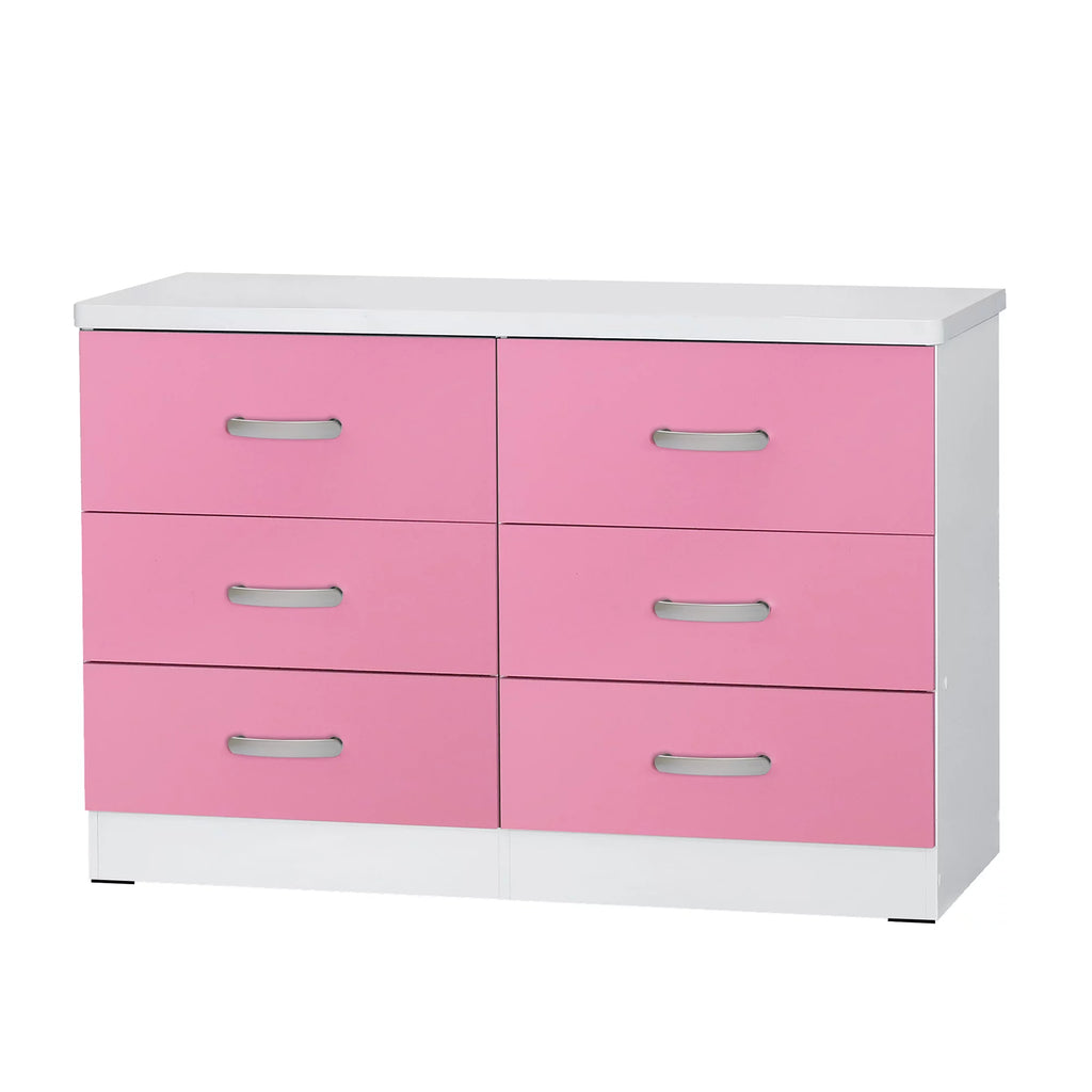 White & Pink 6 Drawer Wooden Double Dresser U1006