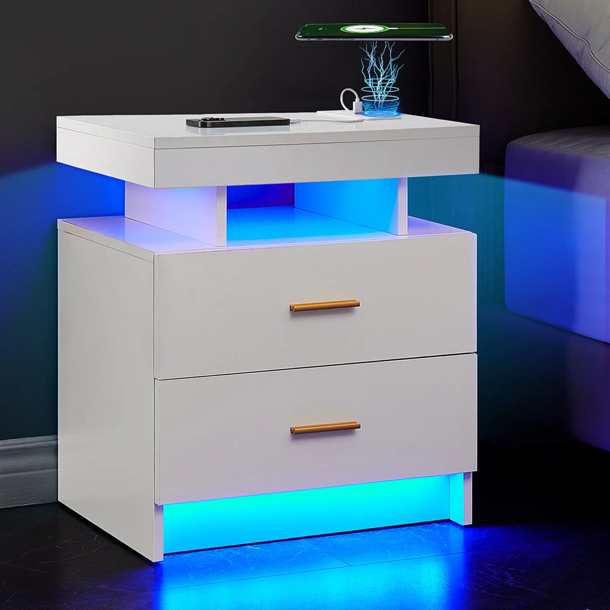 Black 2 Drawer LED Nightstand with Wireless Charging Station P802